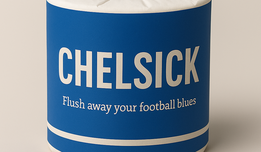Chelsick novelty Chelsea toilet roll in royal blue and gold with the caption Flush away another manager