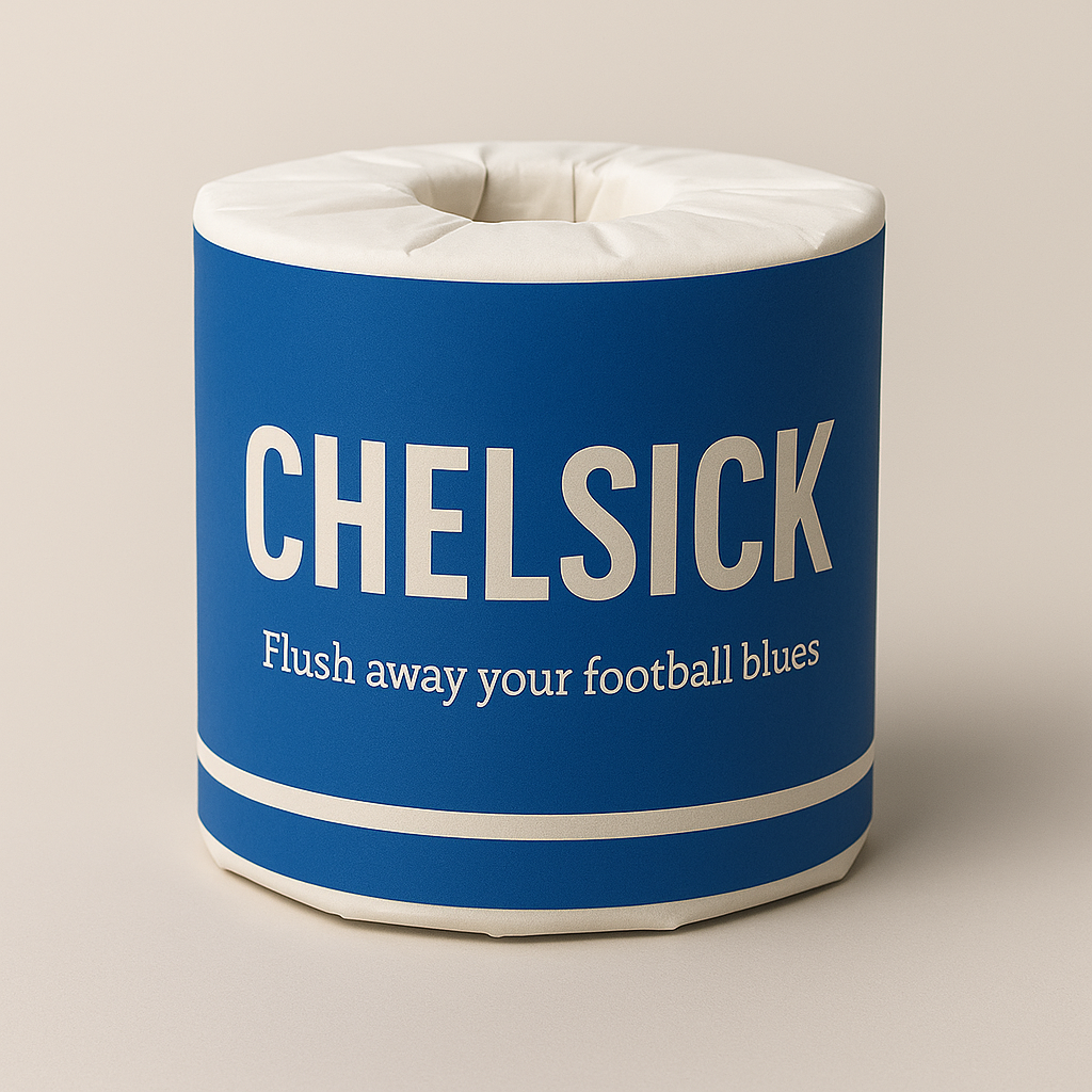 Chelsick novelty Chelsea toilet roll in royal blue and gold with the caption Flush away another manager