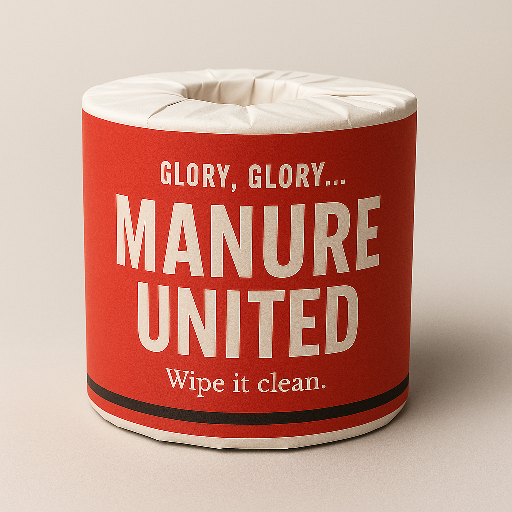 Manure United novelty Manchester toilet roll wrapped in red and black paper with the caption Glory, glory… wipe it clean