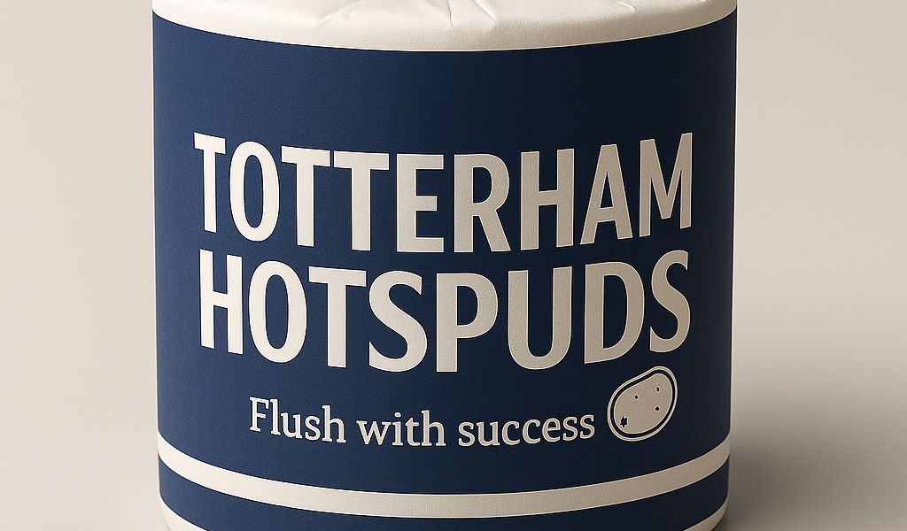 Totterham Hotspuds novelty Tottenham toilet roll in white and navy with the caption Bottled again