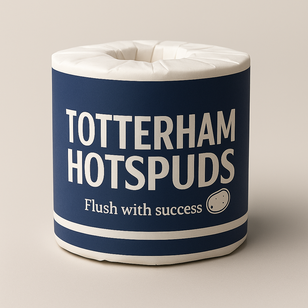 Totterham Hotspuds novelty Tottenham toilet roll in white and navy with the caption Bottled again
